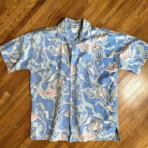 80s Vintage Sears Blue Pink 100% Cotton Undersea Reverse Print Hawaiian Shirt